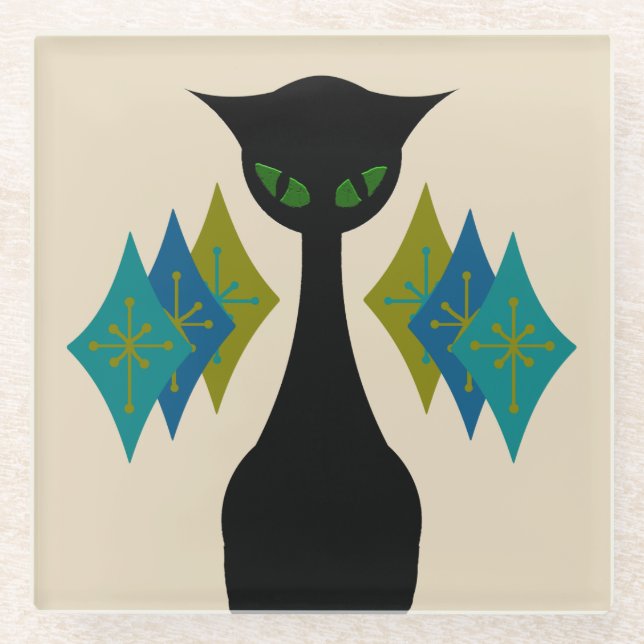 Cool Cat Mid Century Modern Glass Coaster (Front)