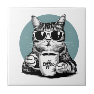 Cool Cat Mornings � Coffee, Shades & Attitude Ceramic Tile