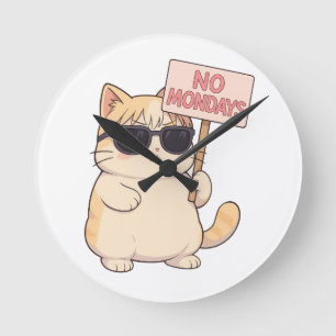 Cool Cat No Mondays Esthetic Meme Round Clock