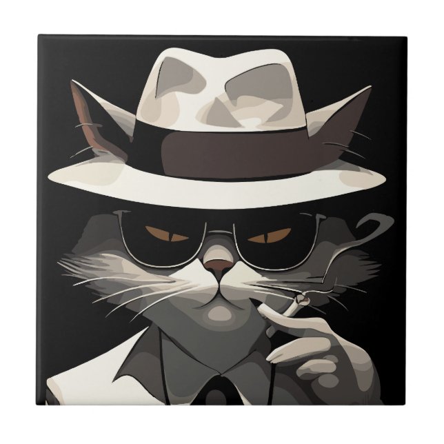 Cool Cat Noir: Suave and Mysterious Feline Ceramic Tile (Front)