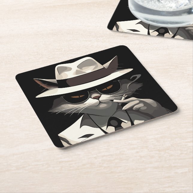Cool Cat Noir: Suave and Mysterious Feline Square Paper Coaster (Angled)