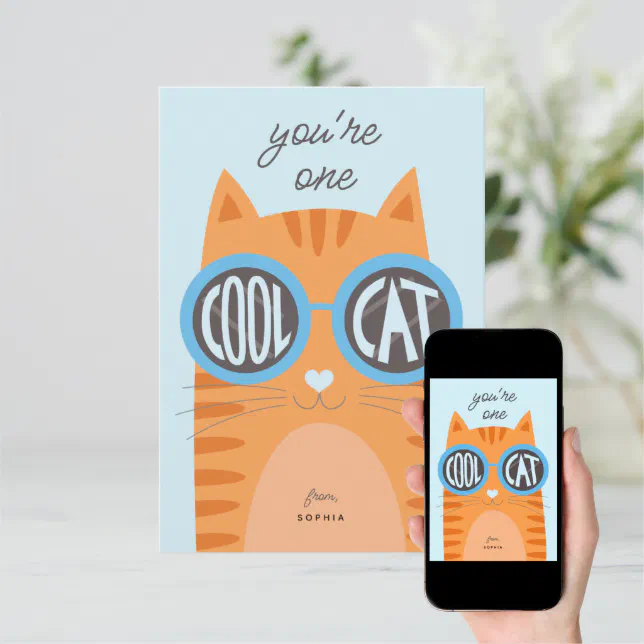 Cool Cat Orange Valentine's day Card_blue Invitation | Zazzle