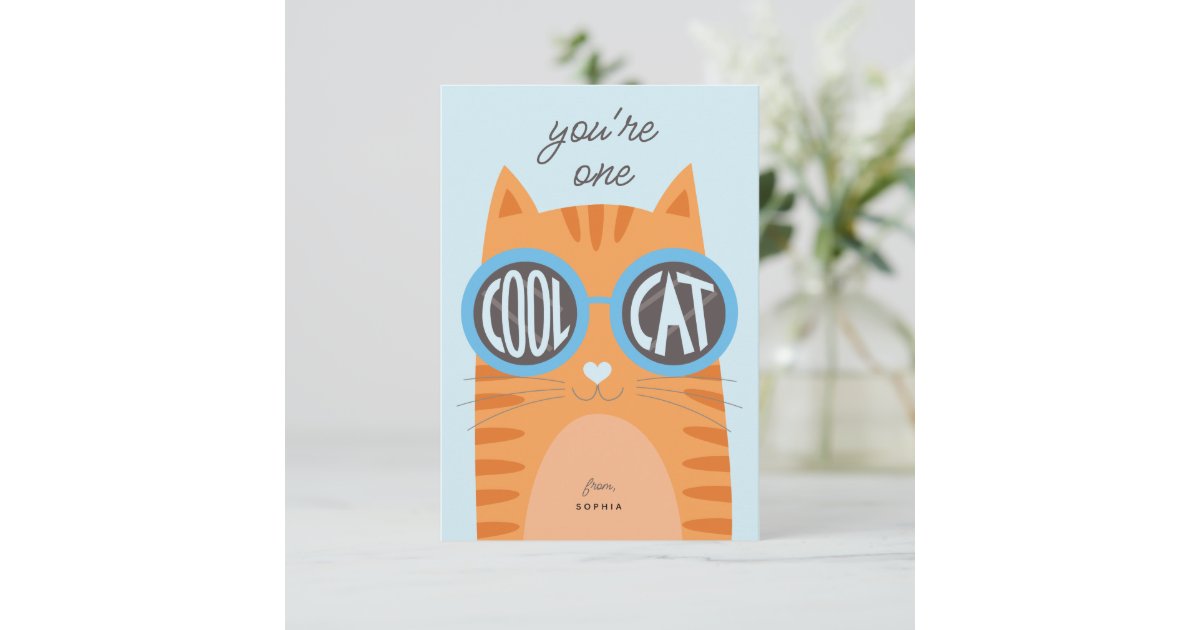 Cool Cat Orange Valentine's day Card_blue Invitation | Zazzle