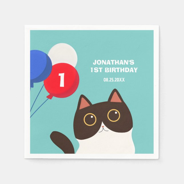 Cool Cat Party Balloon Kids Birthday Napkins (Front)
