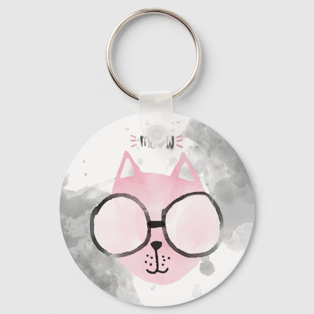 Cool Cat Pink Watercolor Meow Keychain (Front)