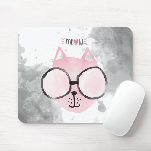 Cool Cat Pink Watercolor Meow Mouse Pad