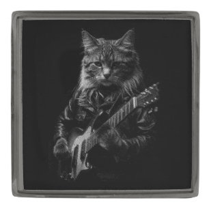 Cool Cat Playing Electric Guitar Gunmetal Finish Lapel Pin