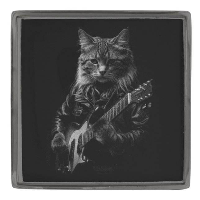 Cool Cat Playing Electric Guitar Gunmetal Finish Lapel Pin (Front)