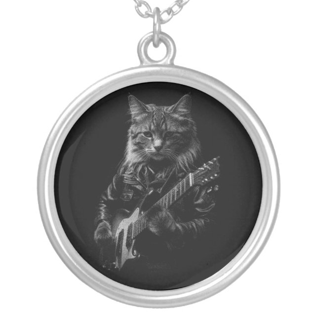 Cool Cat Playing Electric Guitar Silver Plated Necklace (Front)