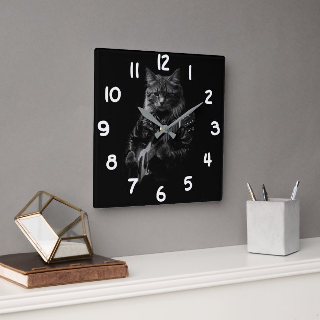 Cool Cat Playing Electric Guitar Square Wall Clock (Office)