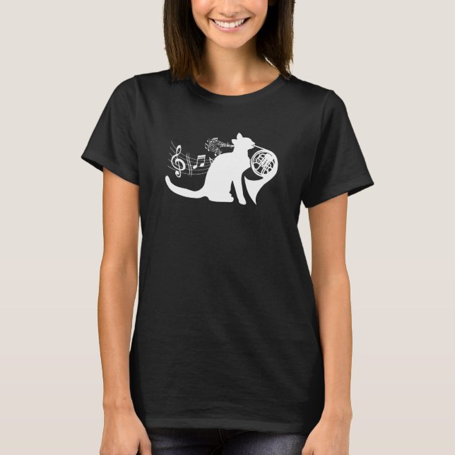 Cool Cat Playing French Horn Musician Orchestra Mu T-Shirt (Front)