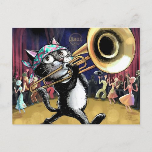 Cool cat playing jazz on saxophone postcard