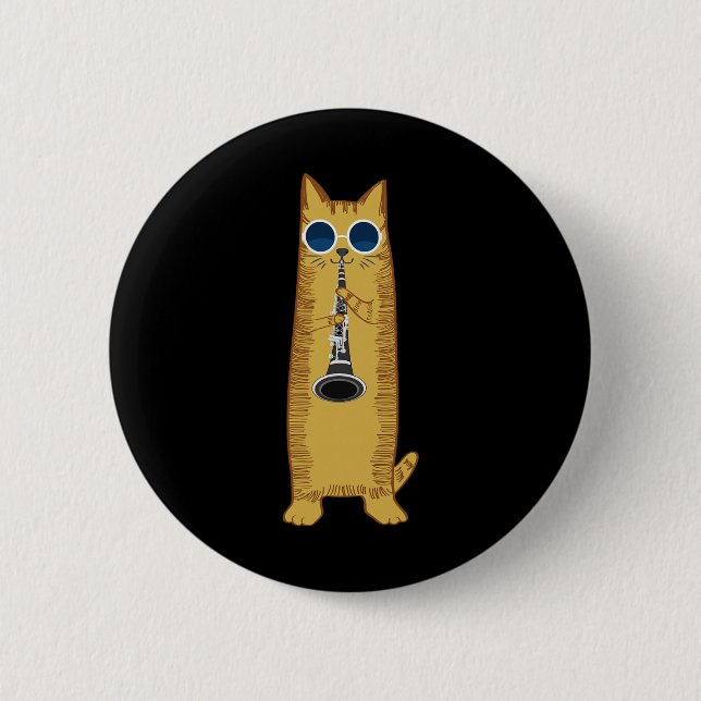 Cool Cat Playing The Clarinet Design Hippy Hipster Button (Front)