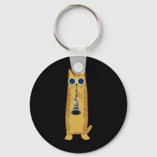 Cool Cat Playing The Clarinet Design Hippy Hipster Keychain