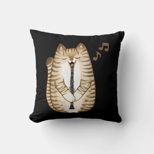 Cool Cat Playing The Clarinet Design Hippy Hipster Throw Pillow