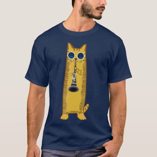 Cool Cat Playing The Clarinet Design Hippy Kitty T_Shirt