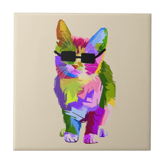Cool Cat pop art with sunglasses Ceramic Tile (Front)