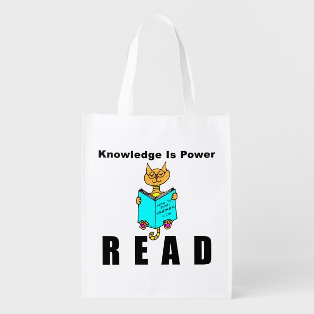 Cool Cat Reading Knowledge Is Power Grocery Bag (Front)