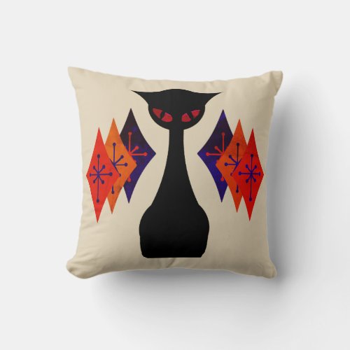 Cool Cat Red Eye Mid Century Retro Throw Pillow