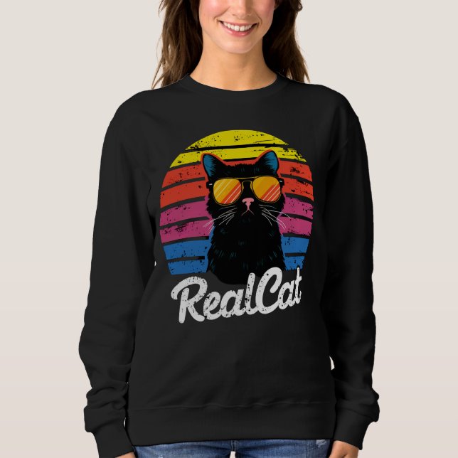 Cool Cat Retro Sunset Sunglasses Black Cat Women's Sweatshirt (Front)