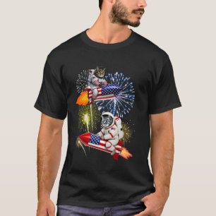 Cool Cat Riding Rocket USA Fireworks US Astronaut T-Shirt