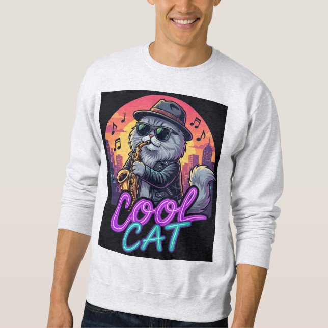 Cool Cat Saxophone – Retro Neon 90s Jazz Cat Desig Sweatshirt (Front)