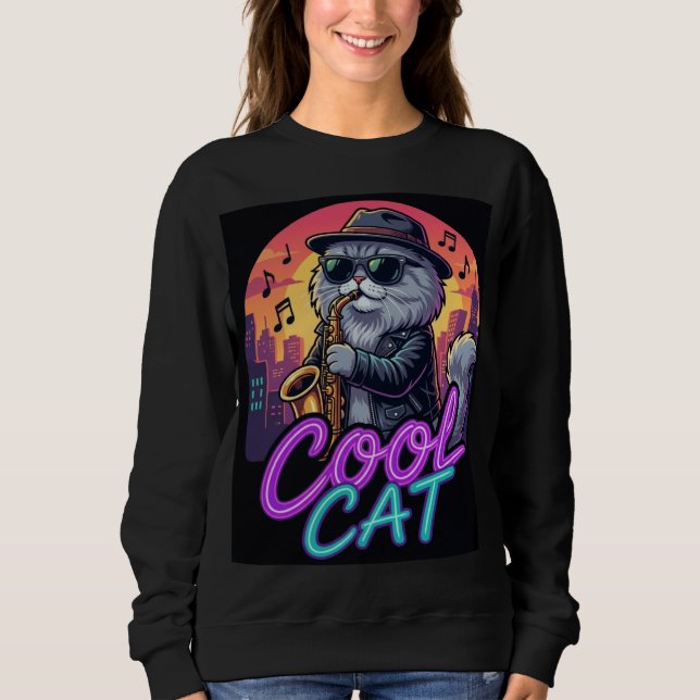 Cool Cat Saxophone – Retro Neon 90s Jazz Cat Desig Sweatshirt (Front)