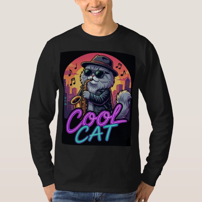 Cool Cat Saxophone – Retro Neon 90s Jazz Cat Desig T-Shirt (Front)