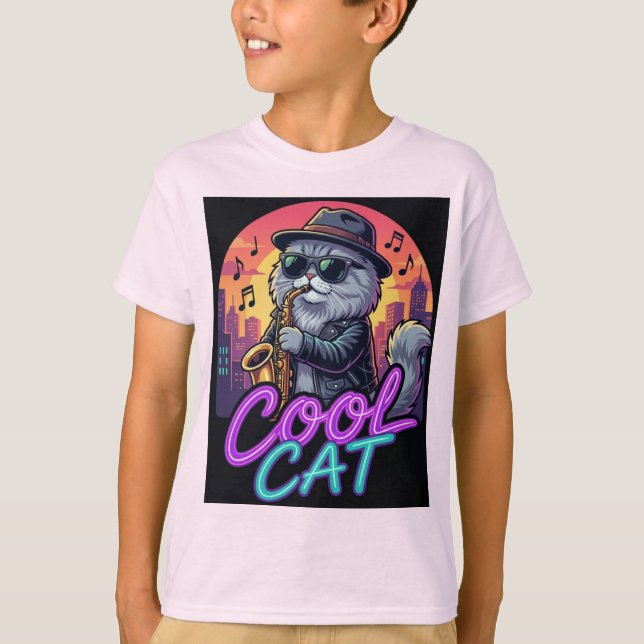 Cool Cat Saxophone – Retro Neon 90s Jazz Cat Desig T-Shirt (Front)