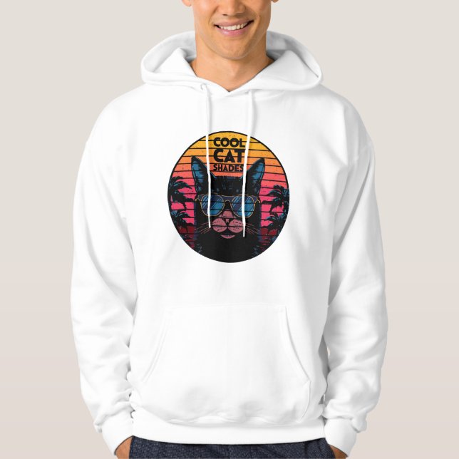 Cool Cat Shades Vintage Synthwave Sunset Art Hoodie (Front)
