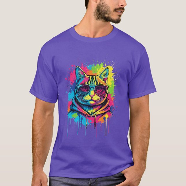 Cool Cat Street Art – Neon Splash Kitty T-Shirt (Front)