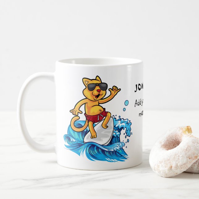 Cool cat surfer custom coffee mug (With Donut)