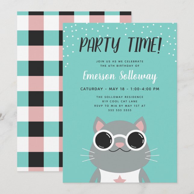 Cool Cat Turquoise Kids Birthday Party Invitation (Front/Back)