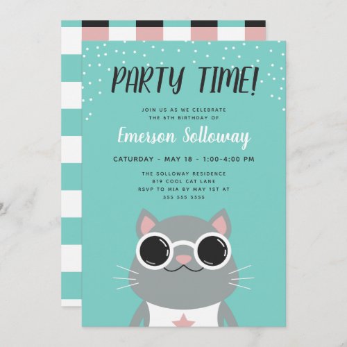 Cool Cat Turquoise Kids Birthday Party Invitation