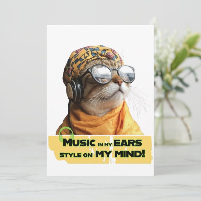 Cool Cat Vibes Hipster Kitty with Headphones Invitation (Standing Front)