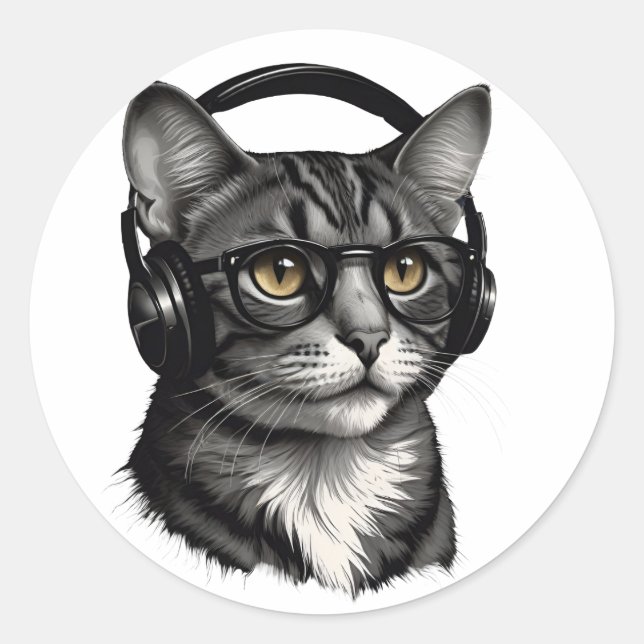 COOL CAT WEARING HEADPHONE'S CLASSIC ROUND STICKER (Front)
