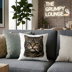 "Cool Cat with Cigarette" Edgy Tabby Cat Throw Pillow
