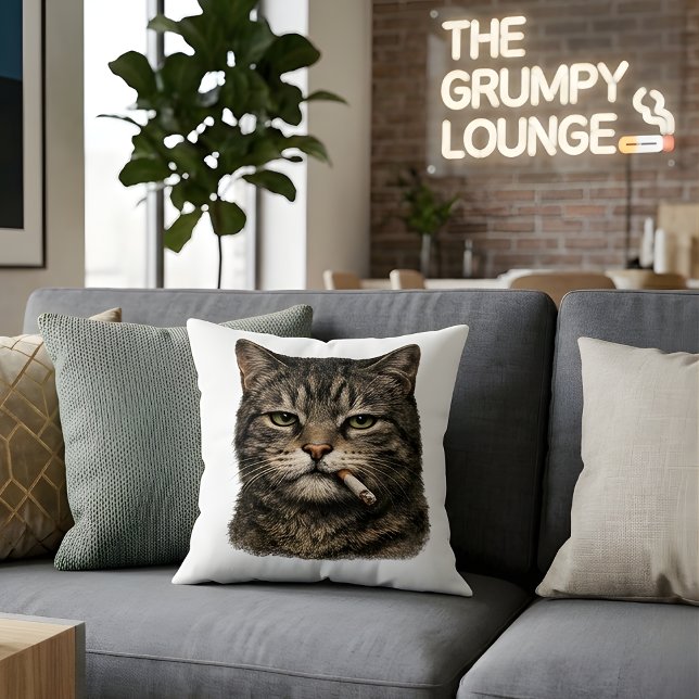 "Cool Cat with Cigarette" Edgy Tabby Cat Throw  Pillow (Creator Uploaded)