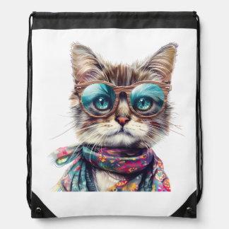 Cool Cat with Glasses Drawstring Bag
