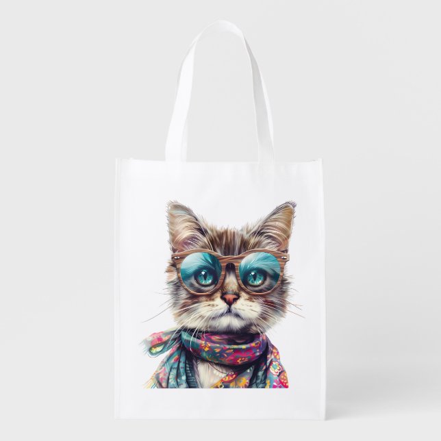 Cool Cat with Glasses Grocery Bag (Front)