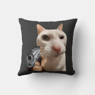 Cool Cat With Gun Funny Meme Throw Pillow