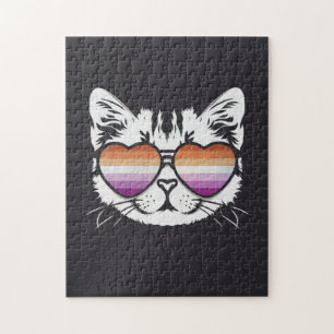 Cool Cat with Lesbian Flag Glasses Funny Sapphic Jigsaw Puzzle