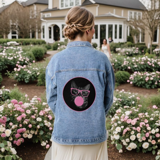 Cool Cat with Pink Glasses & Bubble Gum  Denim Jacket (Wedding Back)