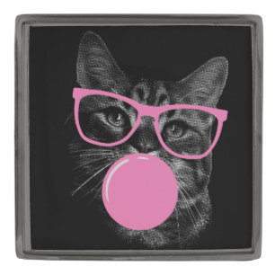 Cool Cat with Pink Glasses & Bubble Gum Gunmetal Finish Lapel Pin