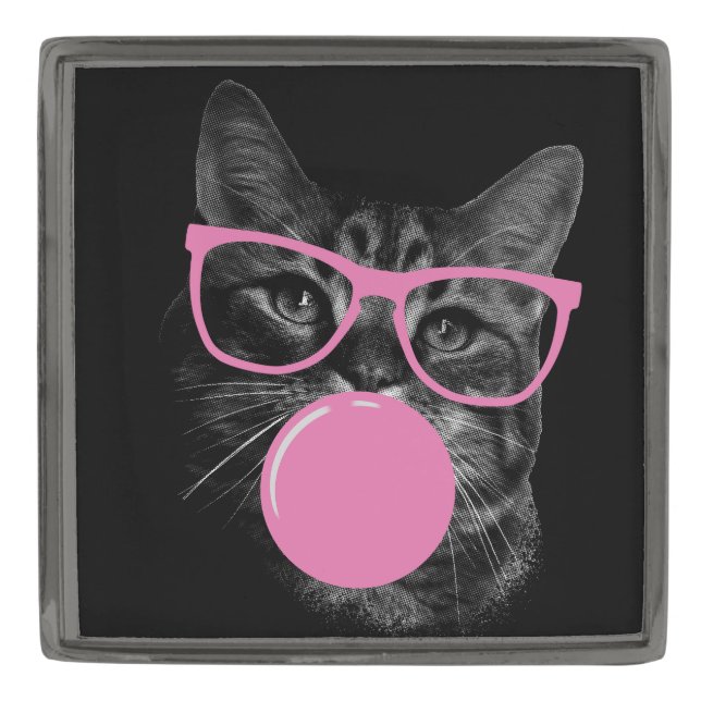 Cool Cat with Pink Glasses & Bubble Gum  Gunmetal Finish Lapel Pin (Front)