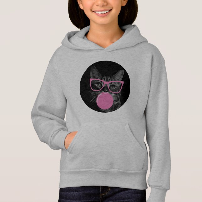 Cool Cat with Pink Glasses & Bubble Gum  Hoodie (Front)