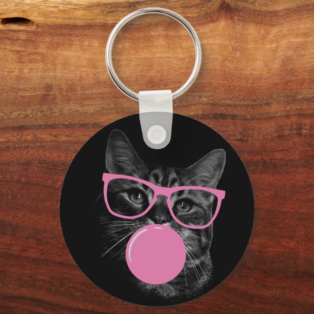 Cool Cat with Pink Glasses & Bubble Gum  Keychain (Back)
