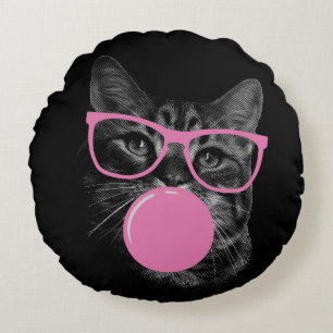 Cool Cat with Pink Glasses & Bubble Gum  Round Pillow
