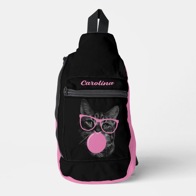 Cool Cat with Pink Glasses & Bubble Gum  Sling Bag (Front)
