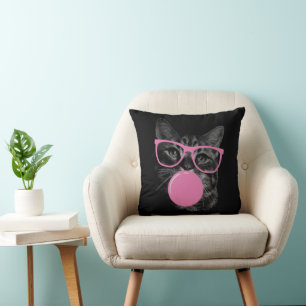 Cool Cat with Pink Glasses & Bubble Gum Throw Pillow